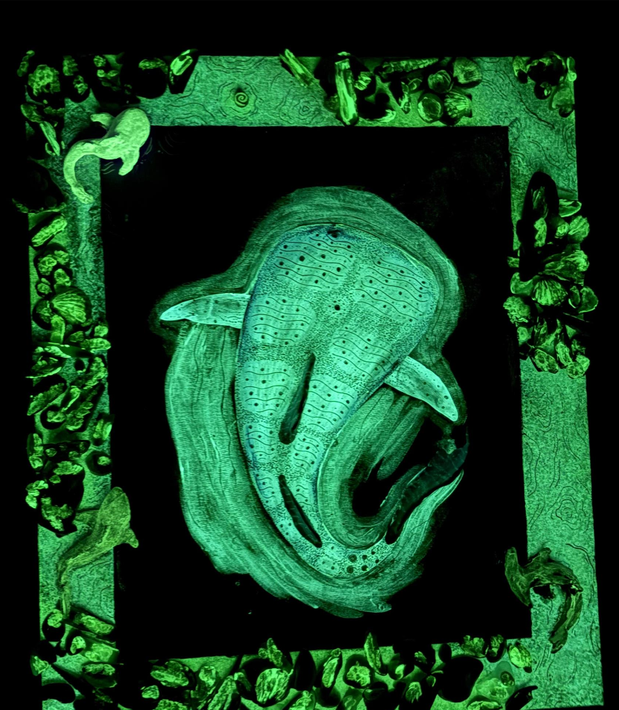 A stylized, neon green whale surrounded by intricate marine-themed patterns on a black background.