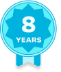 Blue badge with a ribbon, featuring the number "8" on it to signify eight years.