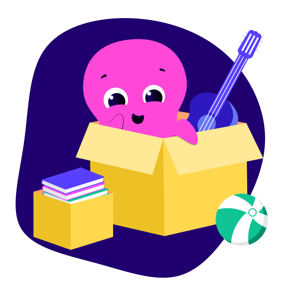 A pink octopus in a moving house box