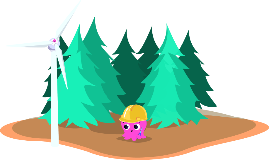A cartoon octopus wearing a hard hat stands near trees and a wind turbine in a forest setting.