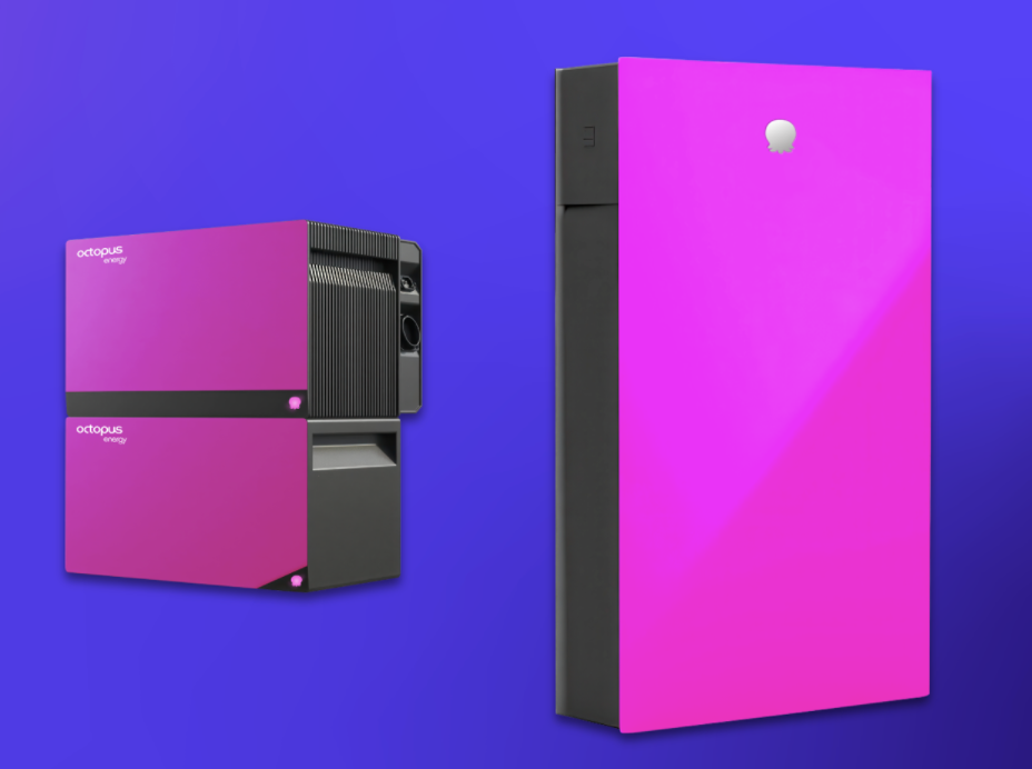 Two energy storage devices in bright pink and black by Octopus Energy are displayed against a blue background.