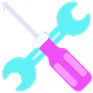 A pink screwdriver and a blue wrench crossed in an "X" shape, symbolizing tools or repair.