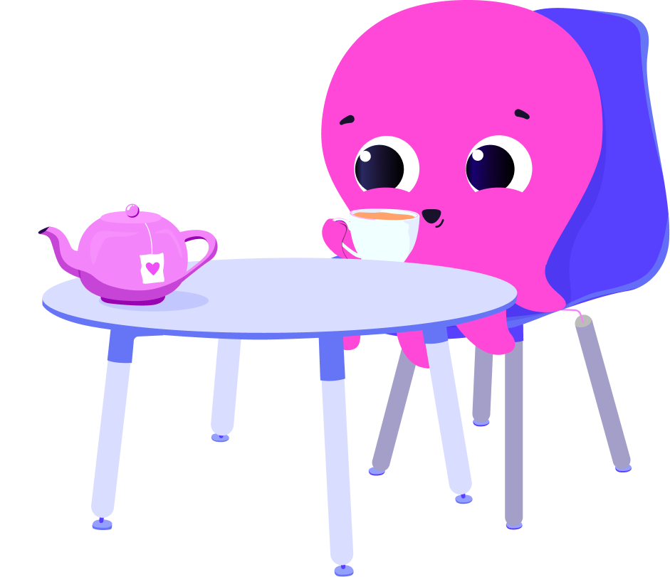 An illustration of a pink octopus having a cup of tea