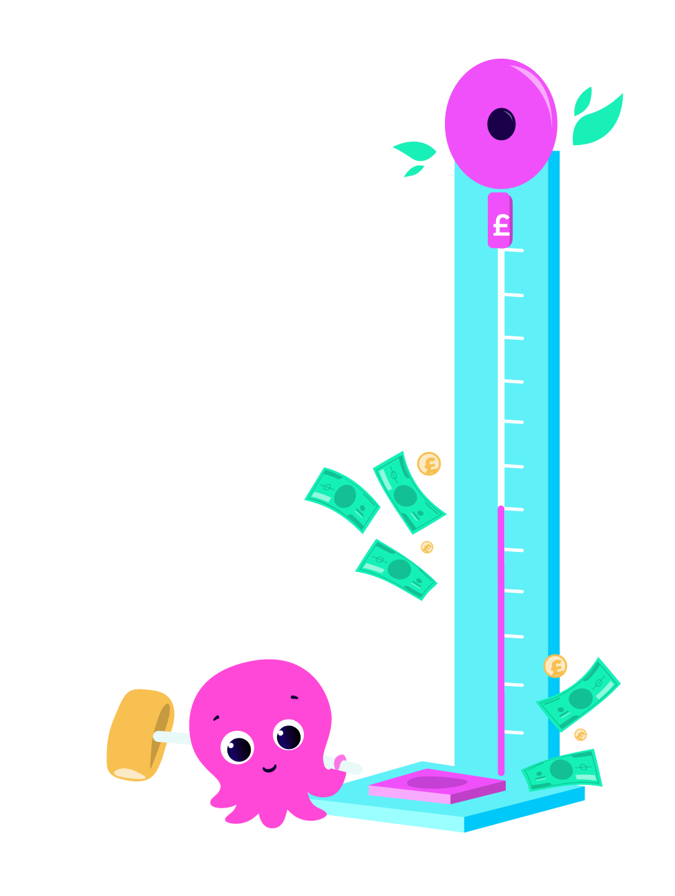 Illustration of an octopus hitting a test-your-strength machine with money coming out of it