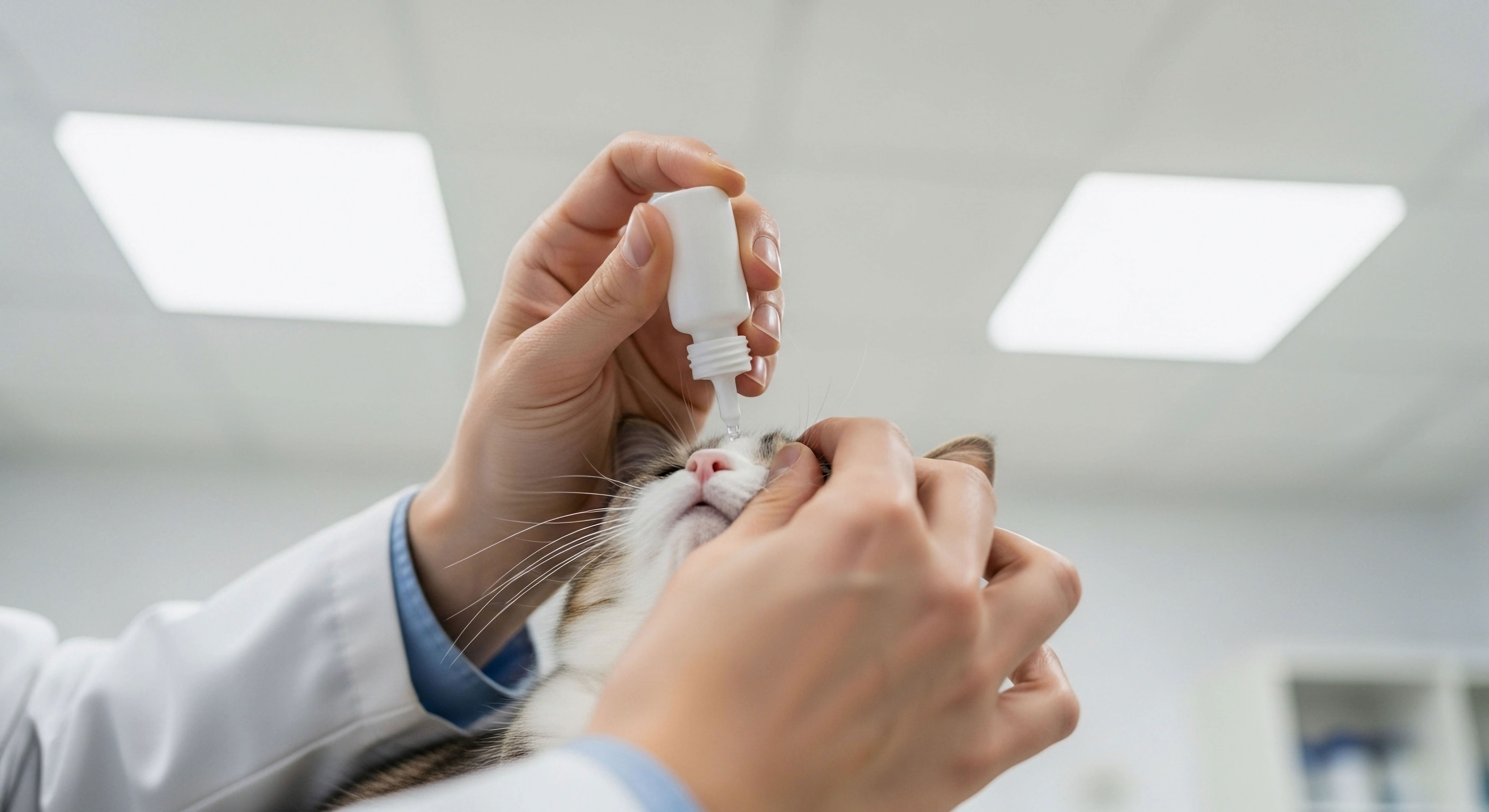 Veterinarian applying eye drops to a cat during a pet health checkup in a veterinary clinic.