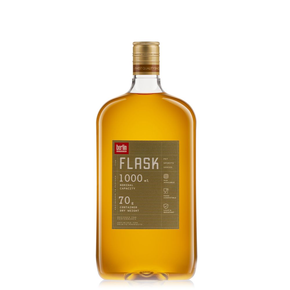 Plain Text Flask 1000 ml PET bottle from the Spirits PET Collection by Berlin Packaging, featuring a flat rectangular silhouette and lightweight construction designed for distilled spirits, low- and no-alcohol beverages and large-format packaging applications.
