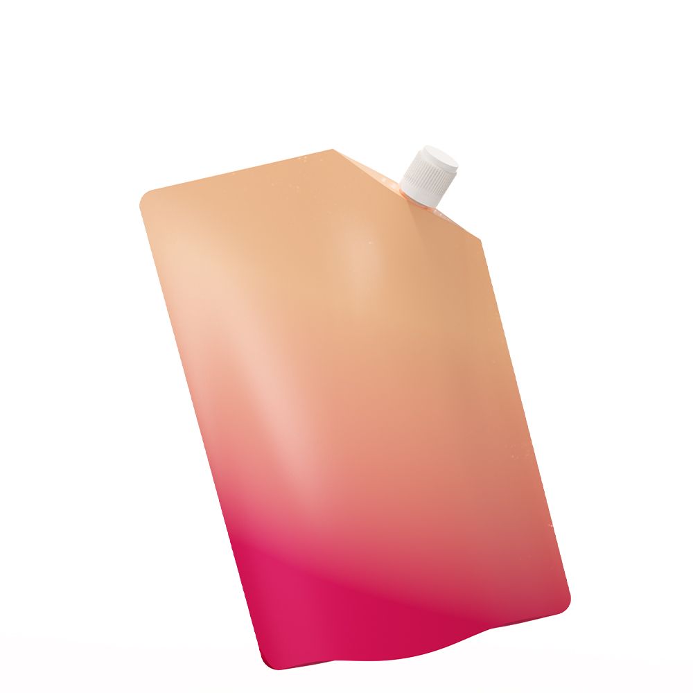 A gradient pink and orange spout pouch by berlin packaging with a white cap against a white background.