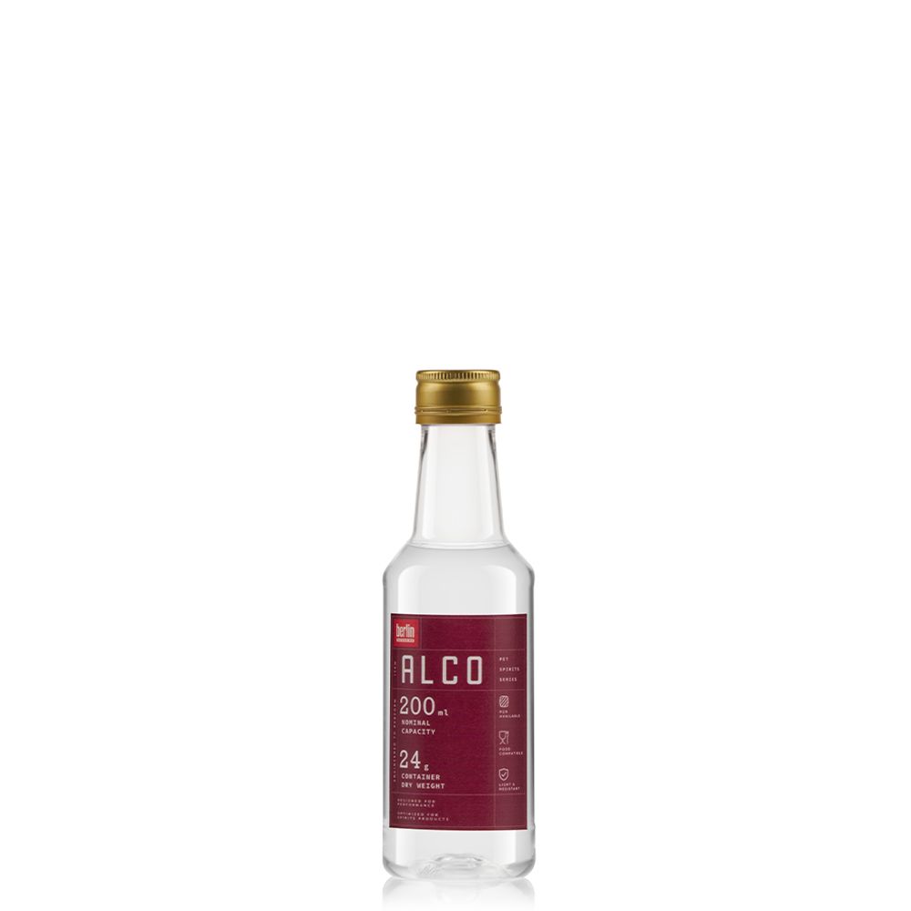 Alco 200 ml PET bottle from the Spirits PET Collection by Berlin Packaging, featuring a lightweight cylindrical silhouette designed for distilled spirits, ready-to-drink products and beverage packaging applications.