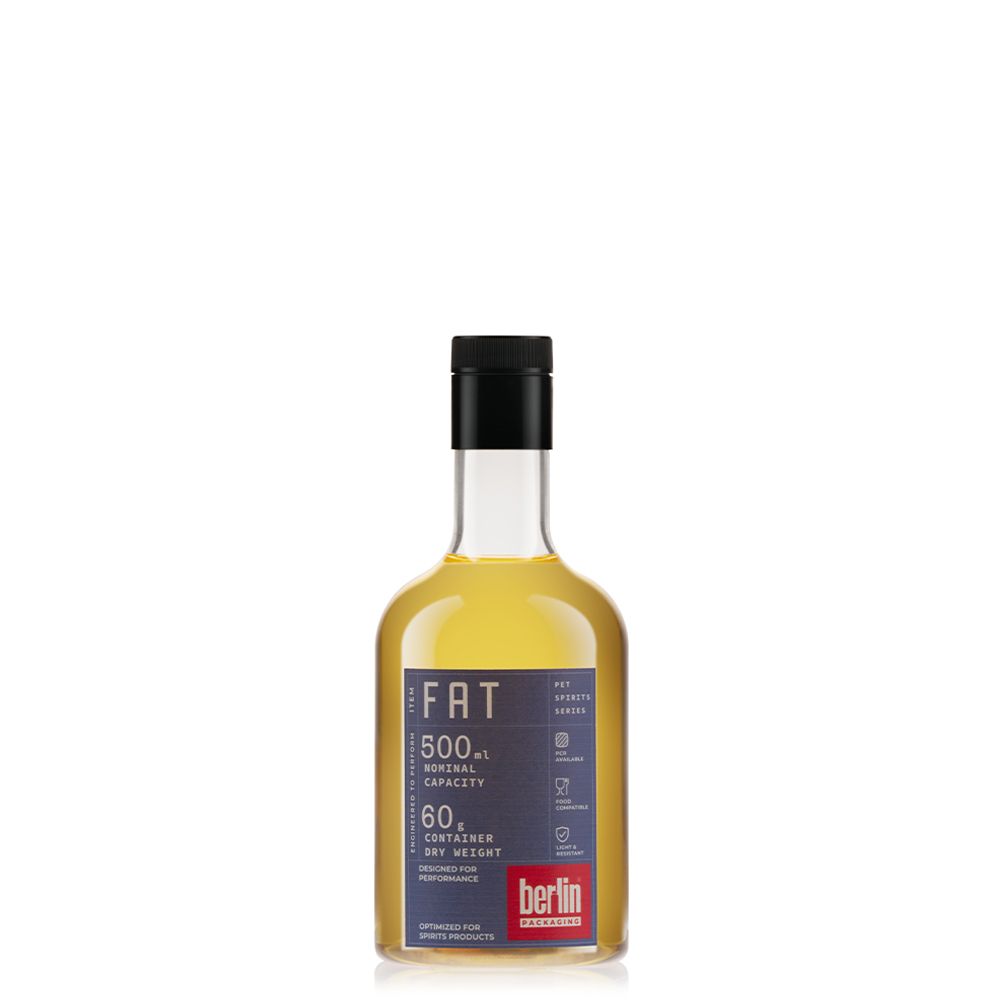 FAT 500 ml PET bottle from the Spirits PET Collection by Berlin Packaging, featuring a rounded body and lightweight spirits-inspired design for distilled spirits and beverage packaging applications.