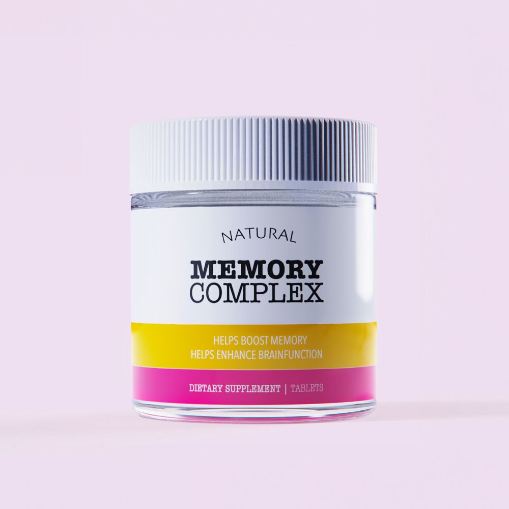 A jar of "Memory Complex" dietary supplement with a white lid, featuring yellow and pink labels for boosting memory and brain function.