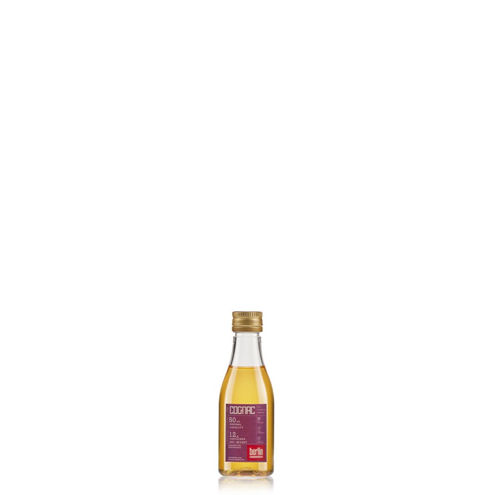 Cognac 50 ml PET bottle from the Spirits PET Collection by Berlin Packaging, featuring a compact silhouette inspired by classic cognac packaging, optimized for miniatures, samples and distilled spirits applications.