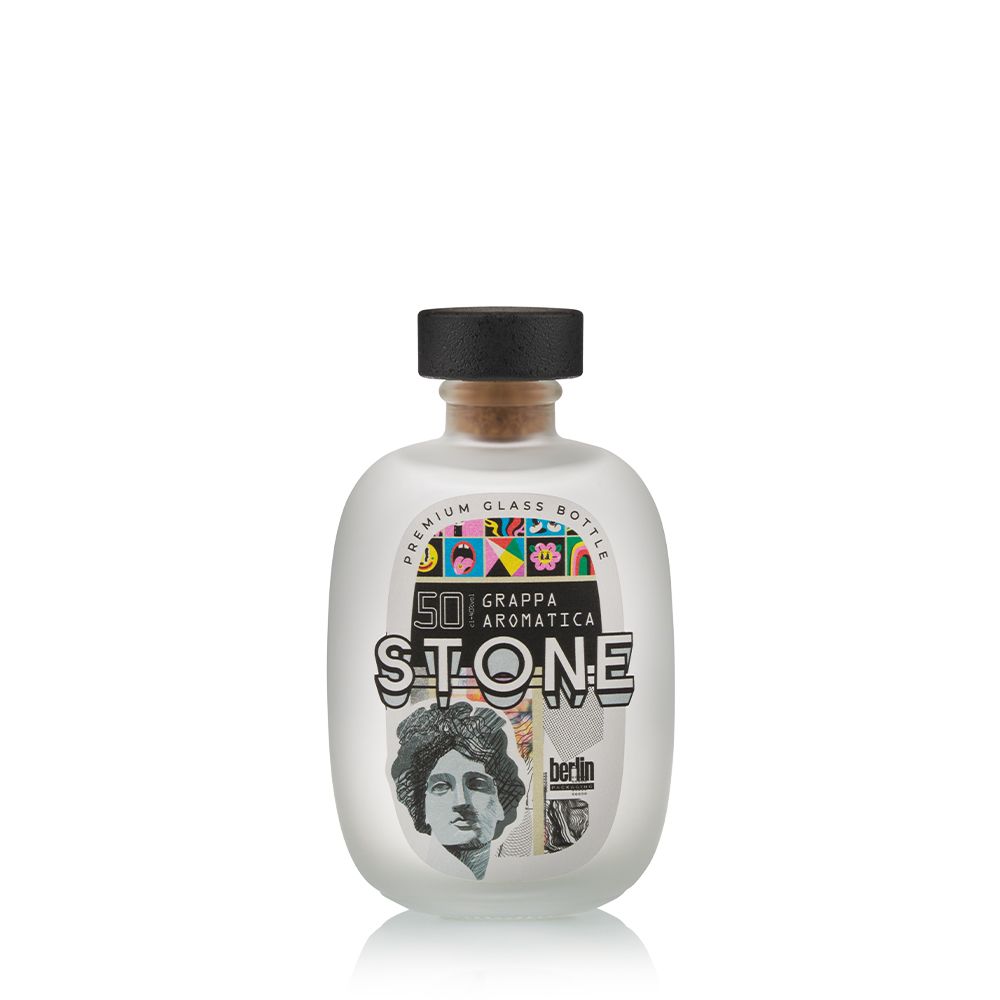 bp_em_spirits_collection_Modern-Classics_stone Stone glass bottle for distilled spirits from the Modern Classics collection by Berlin Packaging, featuring a frosted glass finish, rounded shape, cork closure and bold graphic label for contemporary grappa packaging.