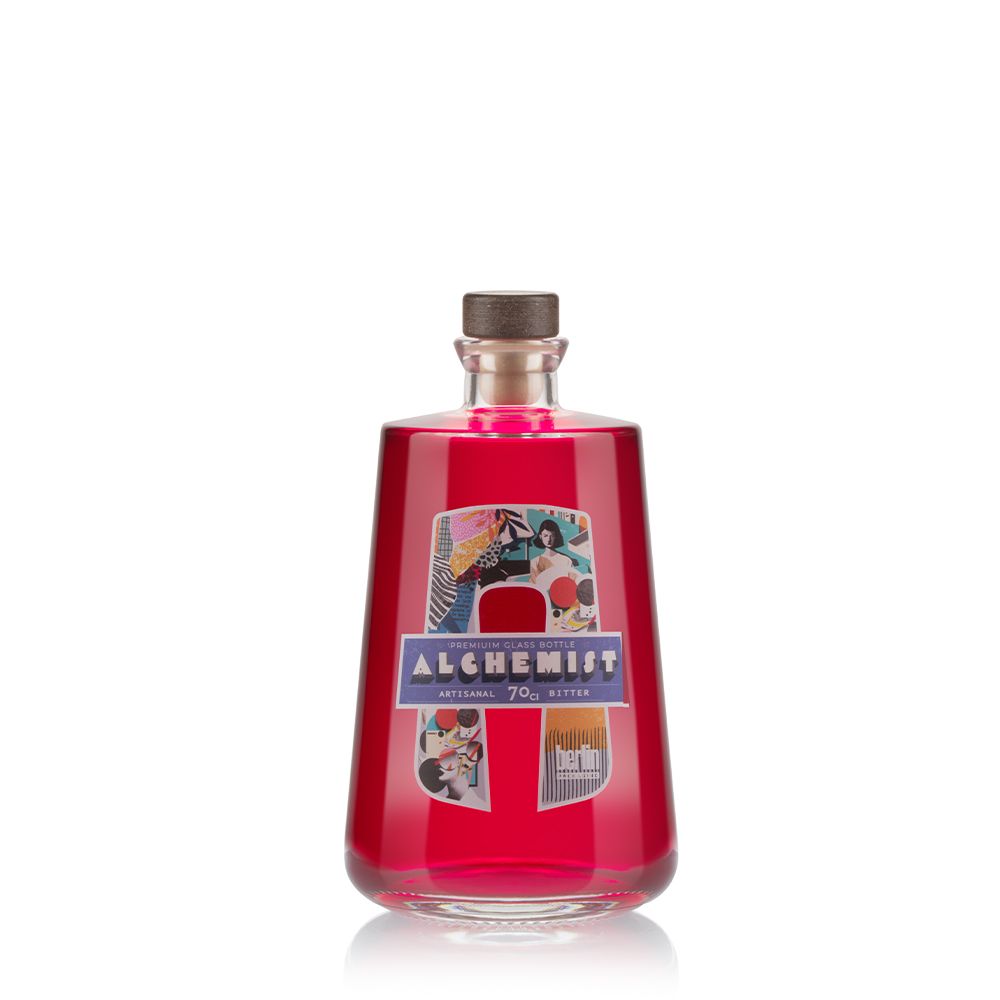 bp_em_spirits_collection_Modern-Classics_alchemist Alchemist glass bottle for distilled spirits from the Modern Classics collection by Berlin Packaging, featuring a tapered silhouette, cork closure and contemporary illustrated label design for bitter and aperitif packaging applications.