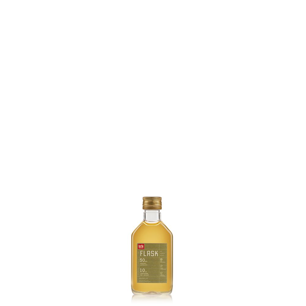 Flask 50 ml PET bottle from the Spirits PET Collection by Berlin Packaging, featuring a flat flask-inspired silhouette and lightweight design optimized for miniatures, samples and distilled spirits applications.