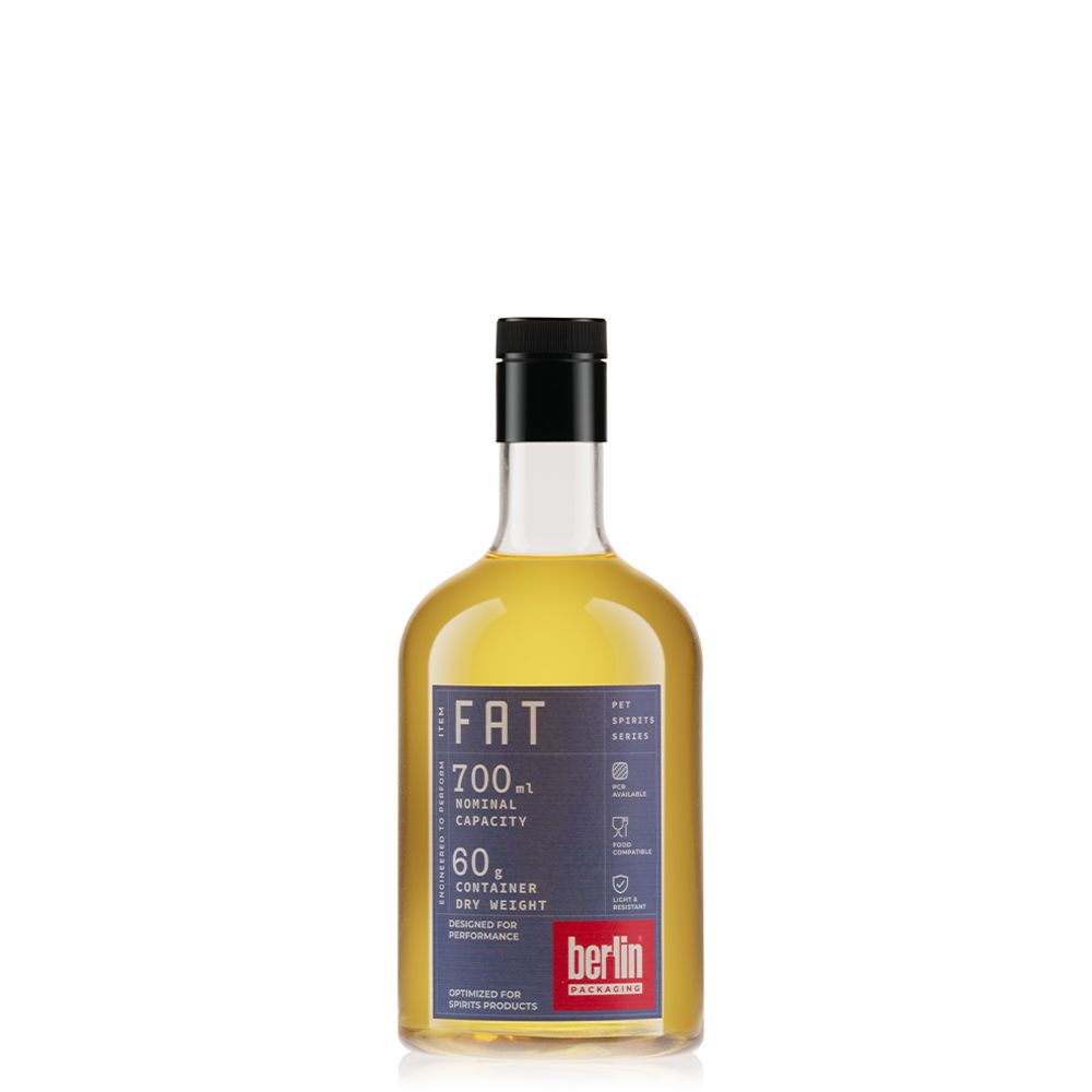 FAT 700 ml PET bottle from the Spirits PET Collection by Berlin Packaging, featuring a rounded silhouette and lightweight construction designed for distilled spirits packaging and premium beverage applications.