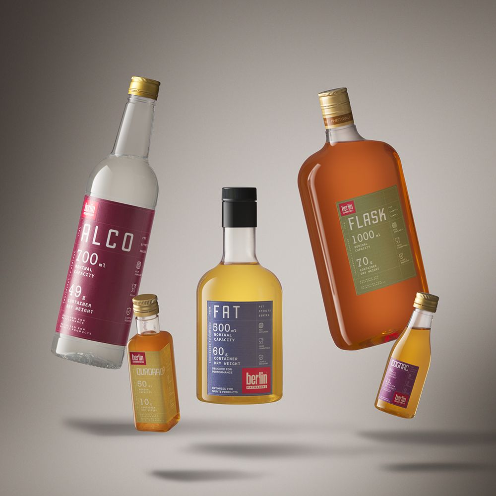 Spirits PET Collection by Berlin Packaging featuring lightweight PET bottles for distilled spirits in multiple shapes and capacities, showcasing innovative, recyclable packaging solutions designed for performance, portability and premium beverage applications.