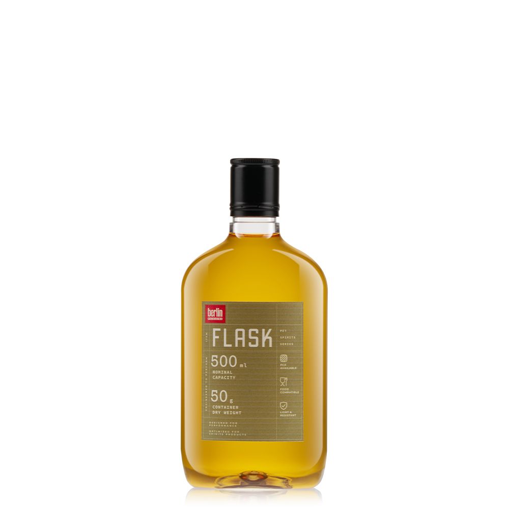 Flask 500 ml PET bottle from the Spirits PET Collection by Berlin Packaging, featuring a flat rectangular silhouette and lightweight construction designed for distilled spirits and beverage packaging applications.