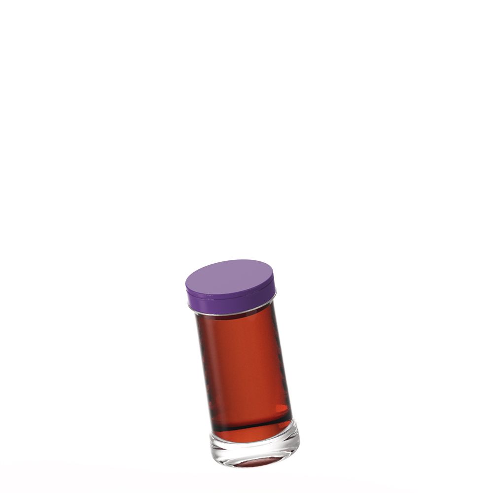A single-serve glass by berlin packaging with a purple cap, tilted slightly, containing a red liquid.