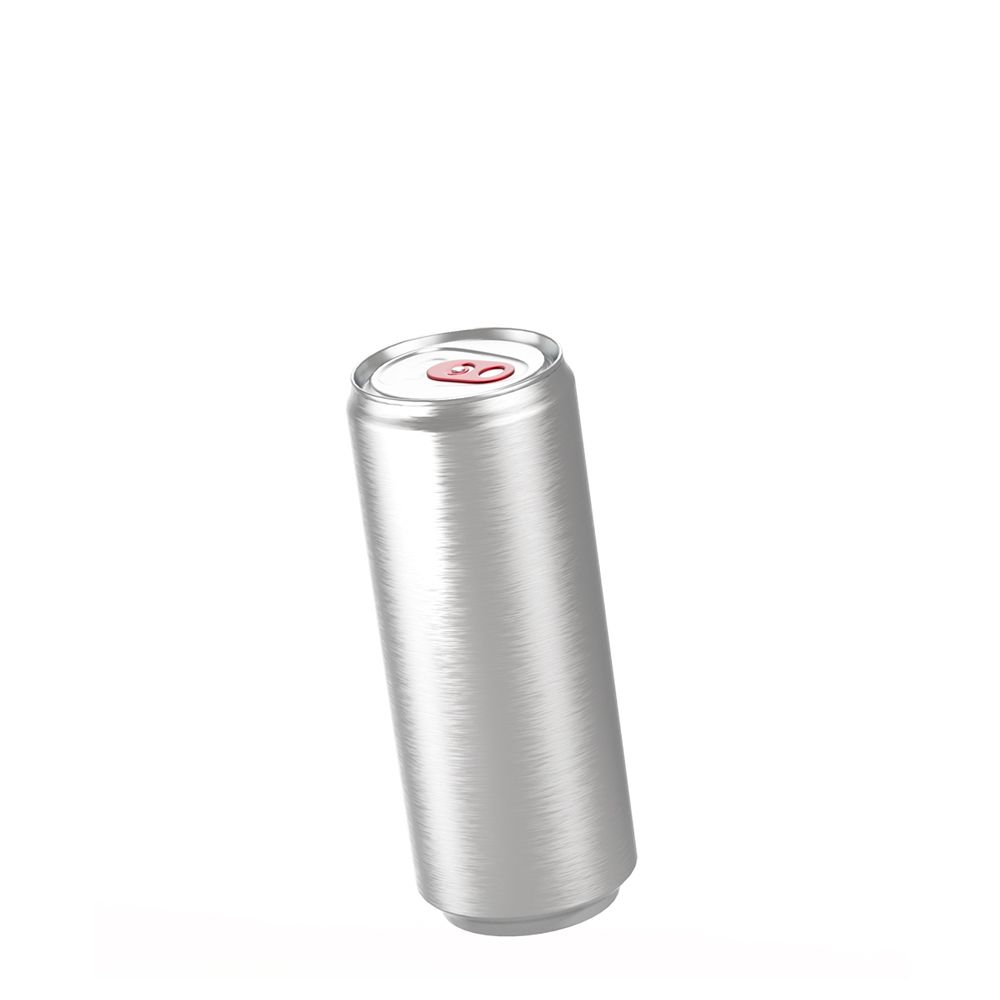 A sleek, metallic beverage can by berlin packaging with a closed red tab, tilted against a plain white background.