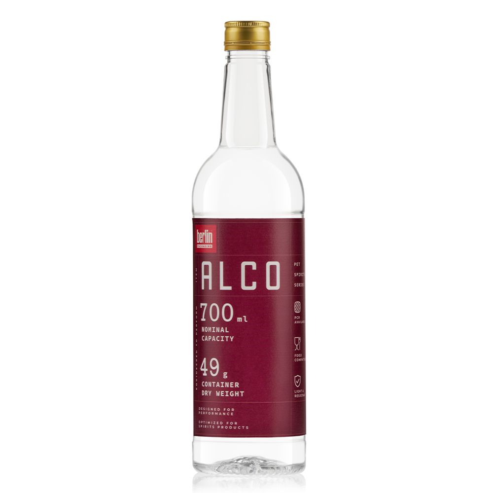 Alco 700 ml PET bottle from the Spirits PET Collection by Berlin Packaging, featuring a lightweight cylindrical design and premium spirits-inspired shape for distilled spirits and low- and no-alcohol beverage applications.