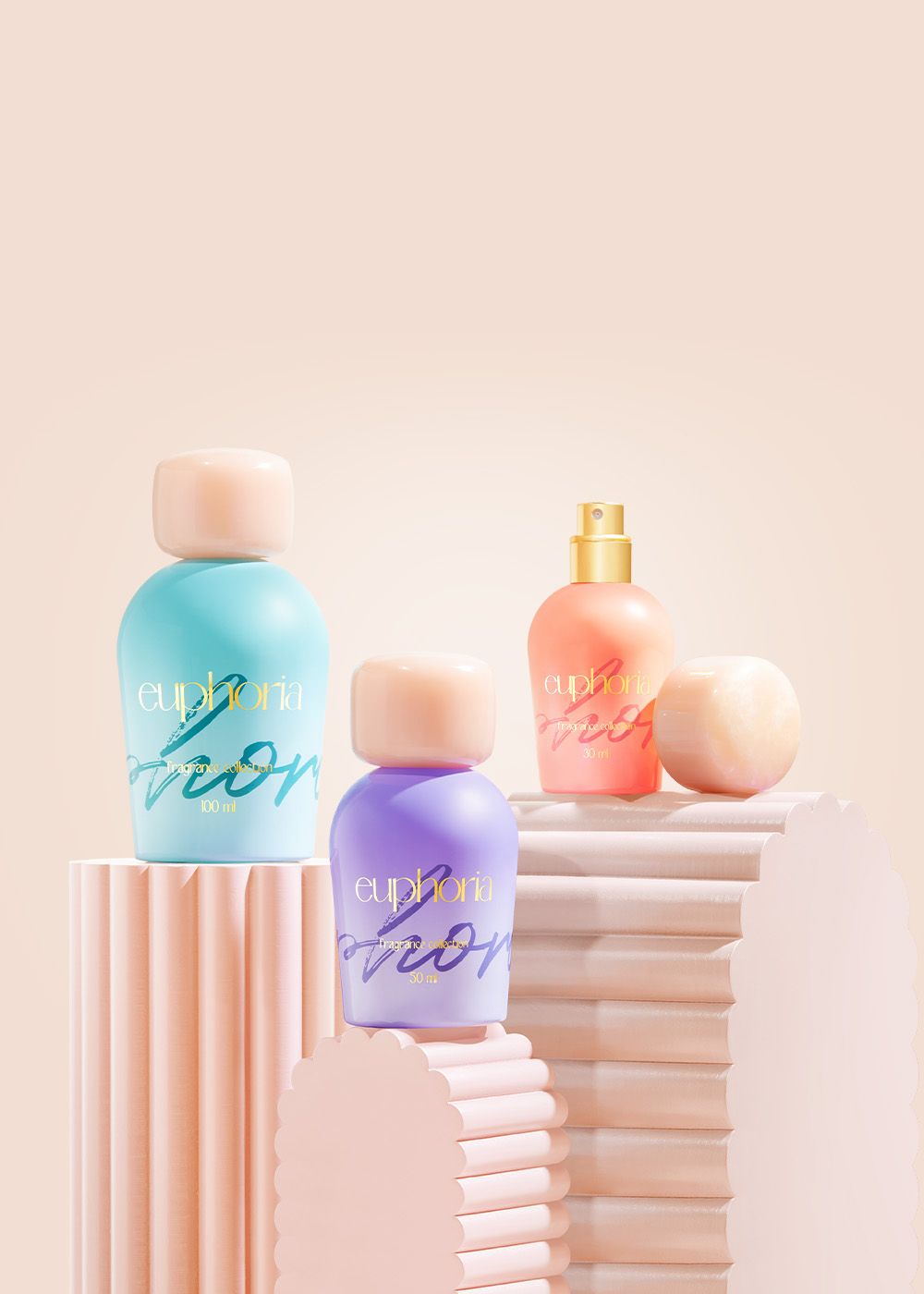 Colorful Euphoria perfume bottles decorated and displayed on pastel decorative pedestals against a soft beige background.