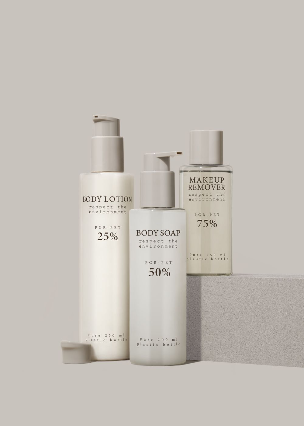 Three eco-friendly cosmetic bottles: body lotion, body soap, and makeup remover with percentages of recycled plastic content.