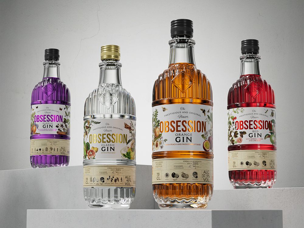 Four Obsession Gin bottles in different flavors (Purple Gin, Classic Gin, Orange Gin, and Red Gin) displayed on a light gray surface. Each bottle features a customized glass design with embossed details, metallic caps in black or gold, and illustrated labels highlighting botanicals and flavor notes.