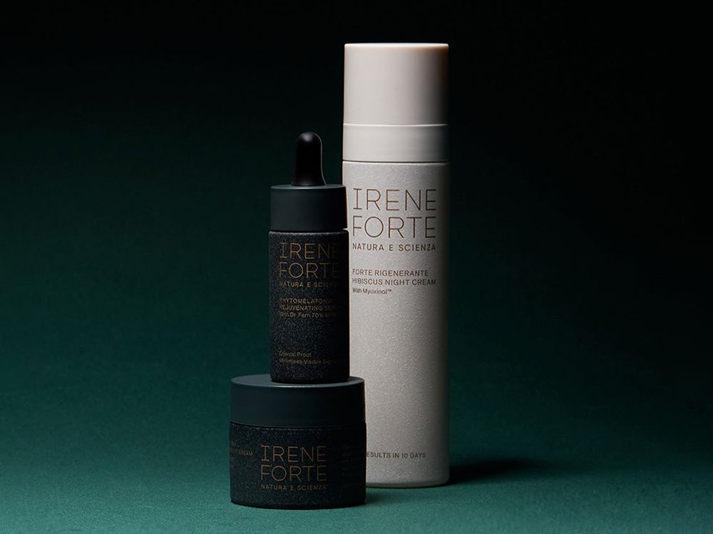 Luxury primary packaging for Irene Forte Skincare, featuring premium jars, bottles and refillable airless packaging