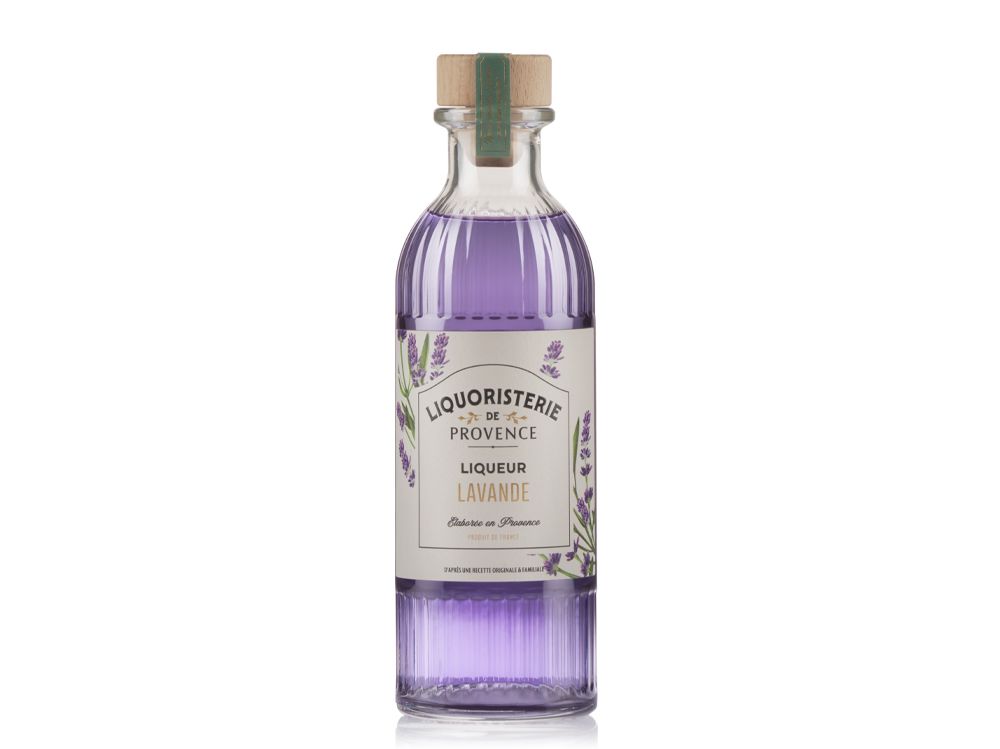 Helium Ribs bottle by Berlin Packaging for Liquoristerie de Provence, containing purple lavender liqueur. The label features lavender illustrations and a wooden cap.