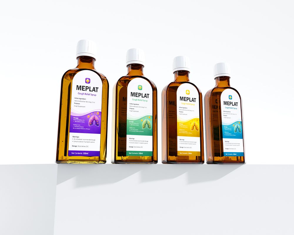 Four bottles of Meplat Cough Relief Syrup in brown glass with white caps, displaying labels in purple, green, yellow, and blue on a white surface.