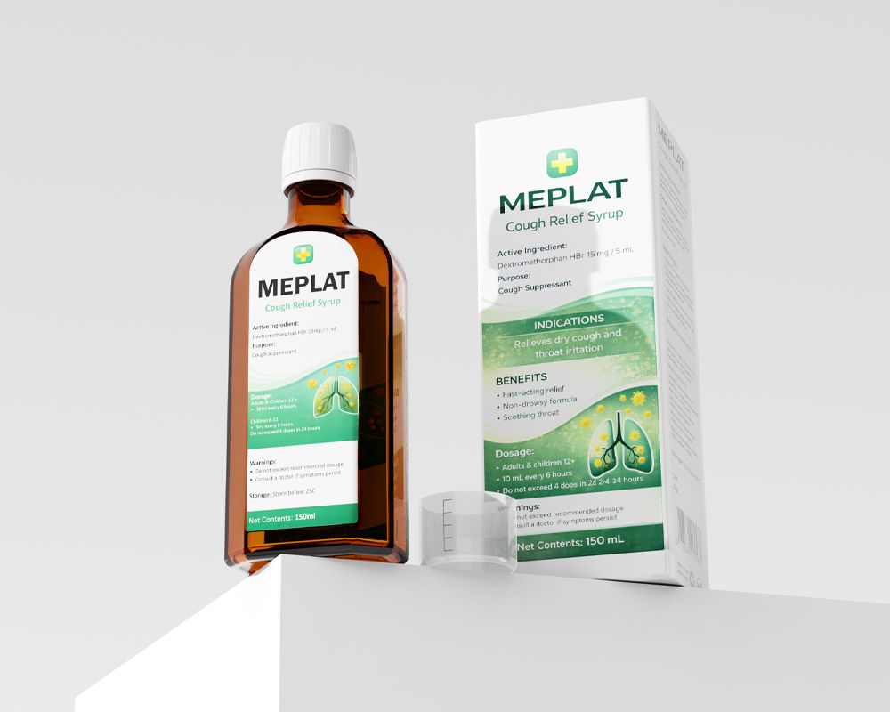 Four bottles of Meplat Relief Syrup with packaging, highlighting benefits, dosage instructions, and active ingredient, set against a white background.
