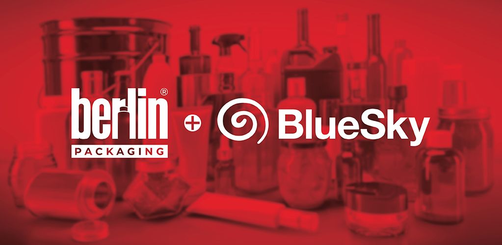 Bp_corp_BlueSky Red-tinted image featuring various bottles with "Berlin Packaging + BlueSky" logo overlay.