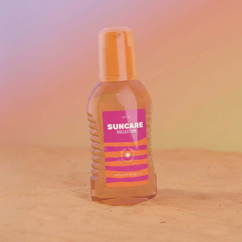 A bottle of Suncare Collection SPF 15 sunblock on a sandy surface with a pastel gradient background.