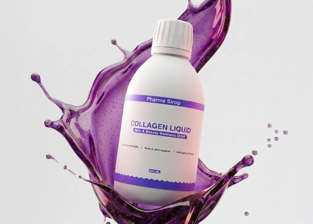 White bottle labeled "Collagen Liquid" surrounded by a splash of purple liquid, promoting skin and beauty wellness.