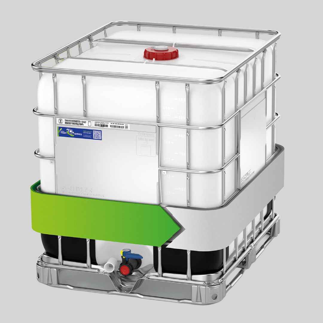 A large white IBC container with a metal cage, a red cap on top, and a spout at the bottom, set against a gray background.