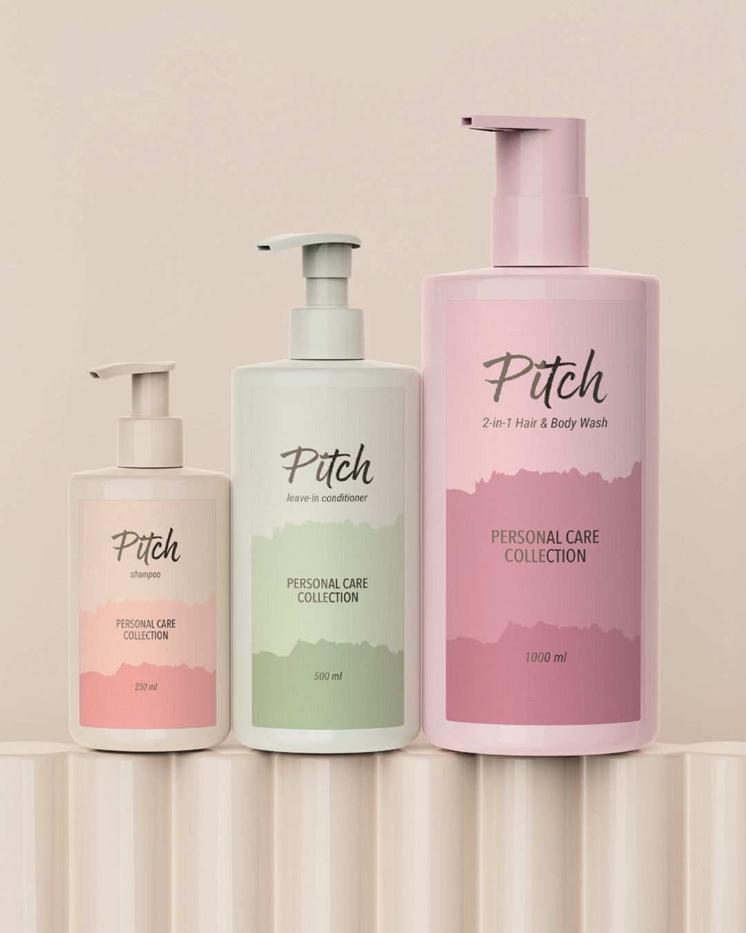 Three 'Pitch' personal care bottles: shampoo (250ml), leave-in conditioner (500ml), and 2-in-1 hair & body wash (1000ml) on a beige background.