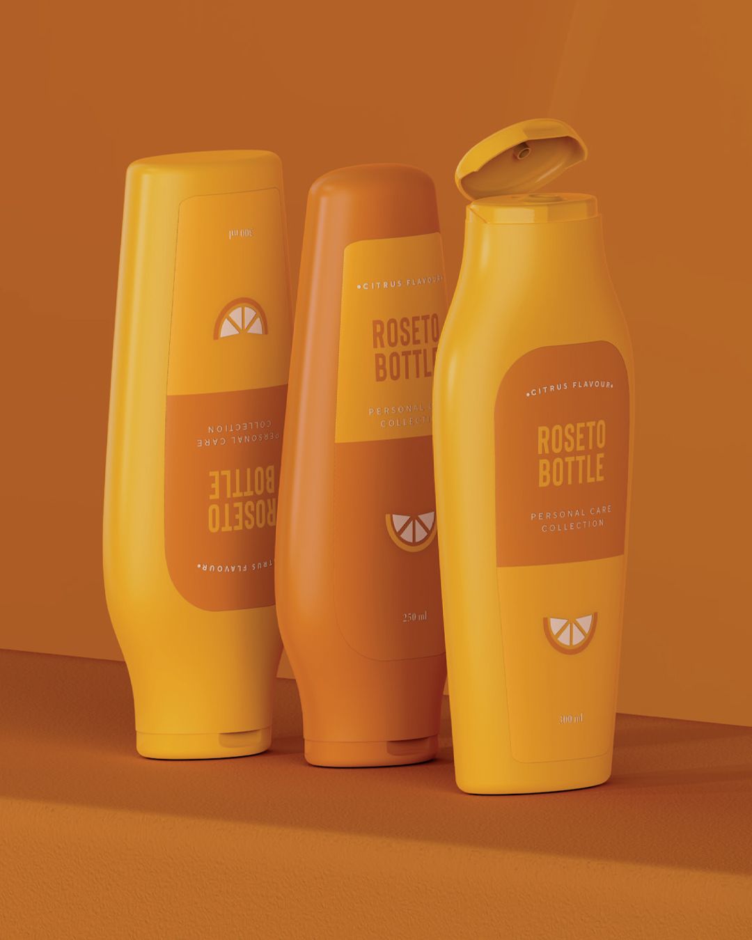 Three yellow and orange bottles labeled "Roseto Bottle" stand on an orange surface, featuring citrus flavor and personal care collection.