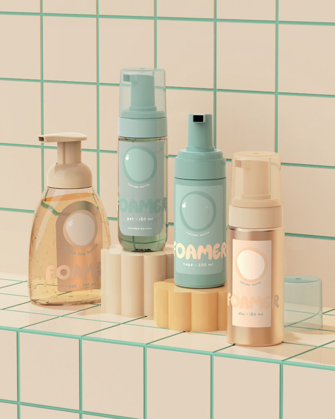 Four foaming soap dispensers in pastel colors on a tiled surface, labeled "Foamer" with different capacities and materials.