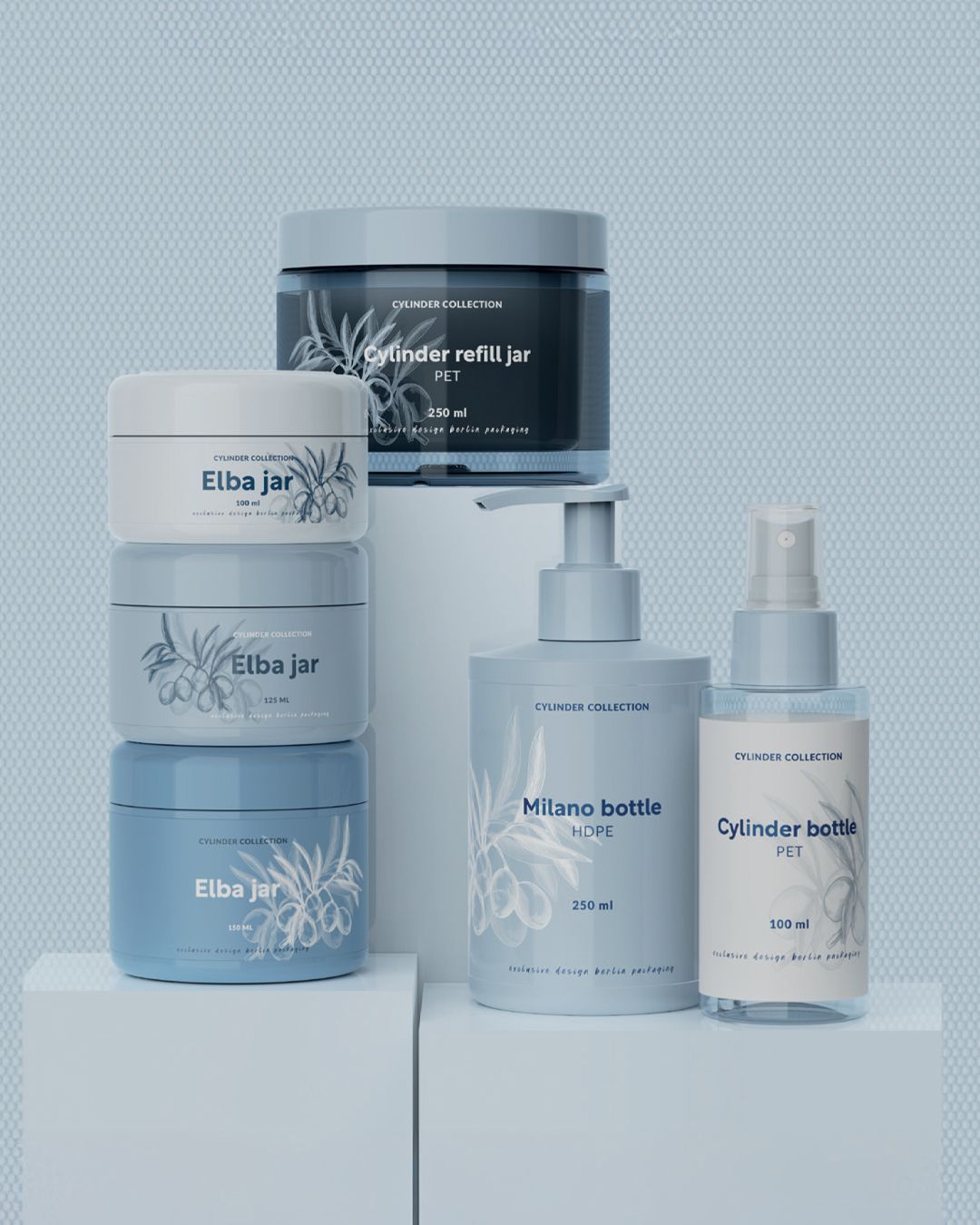 Various skincare containers from the Cylinder Collection, including Elba jars and Milano bottles, displayed on white platforms with a blue background.
