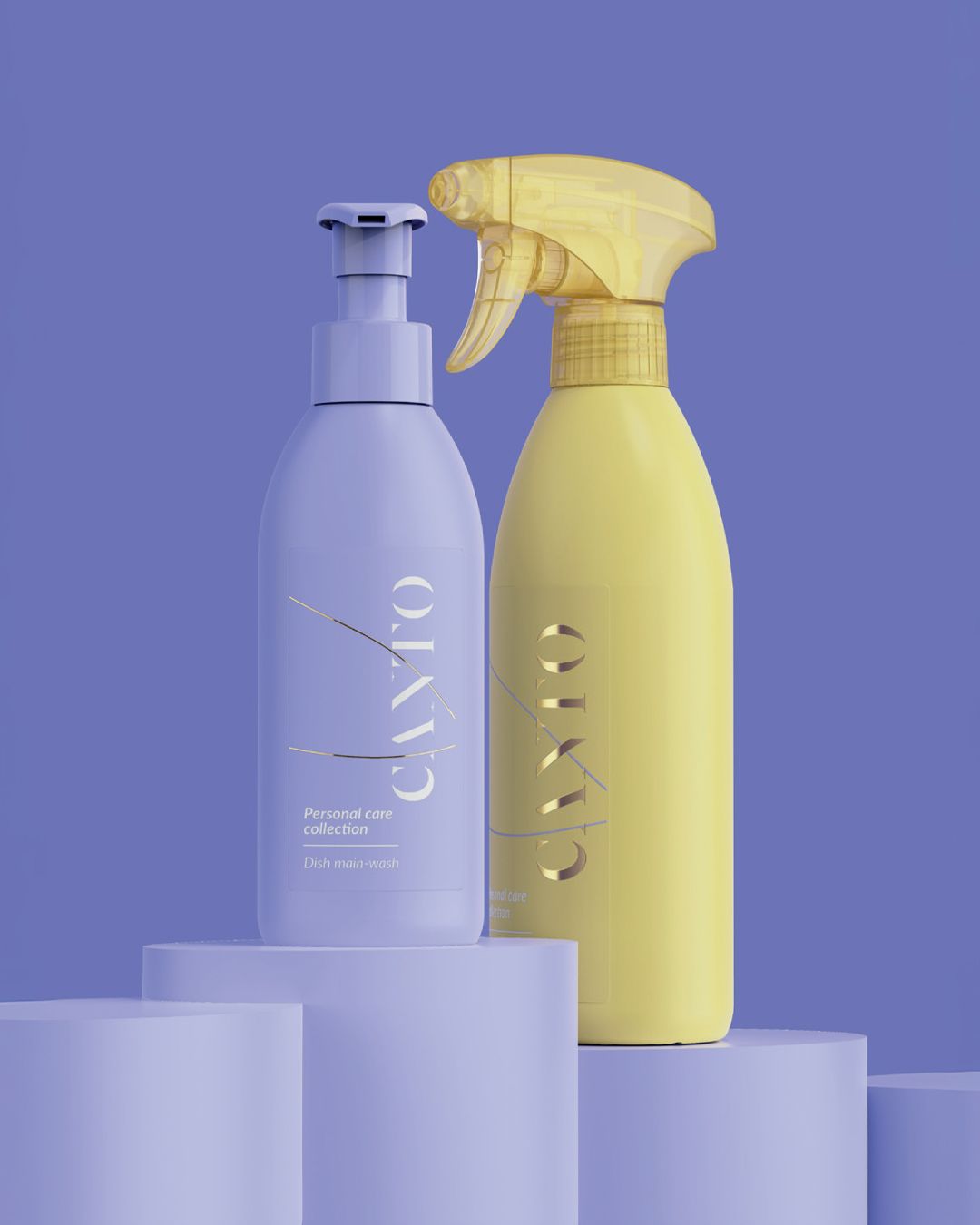Purple pump bottle and yellow spray bottle on purple podiums, set against a light purple background.
