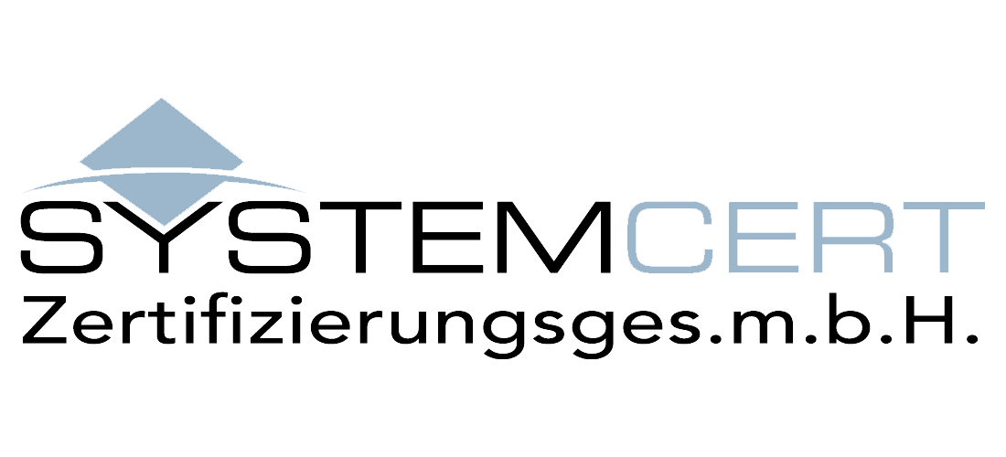 Logo of SYSTEMCERT Zertifizierungsges.m.b.H. with a blue geometric design and black and blue text on a white background.