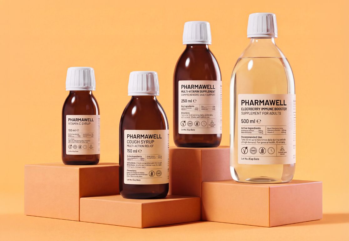 Four bottles of supplements and cough syrups on stacked orange boxes, displaying different sizes and labels, against an orange background.