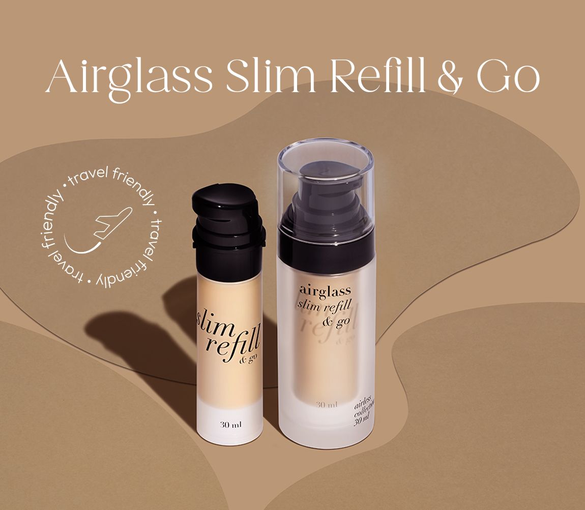 Airglass Slim Refill & Go packaging, showing a airless glass bottle with pump, designed for travel-friendly refill solutions.