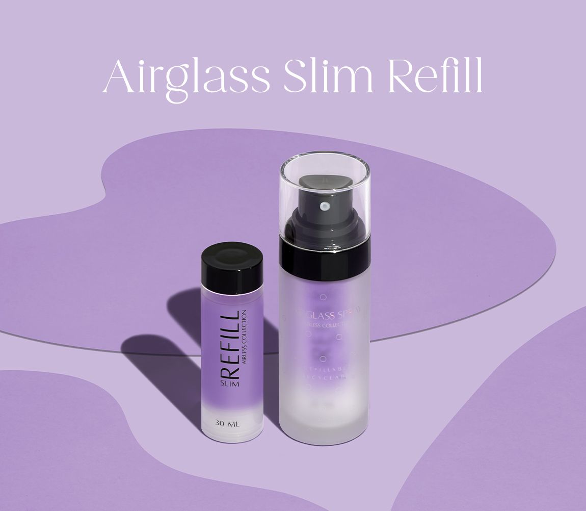 Airglass Slim Refill packaging in purple tones, featuring a 30 ml refill bottle and a glass airless spray bottle with transparent cap.
