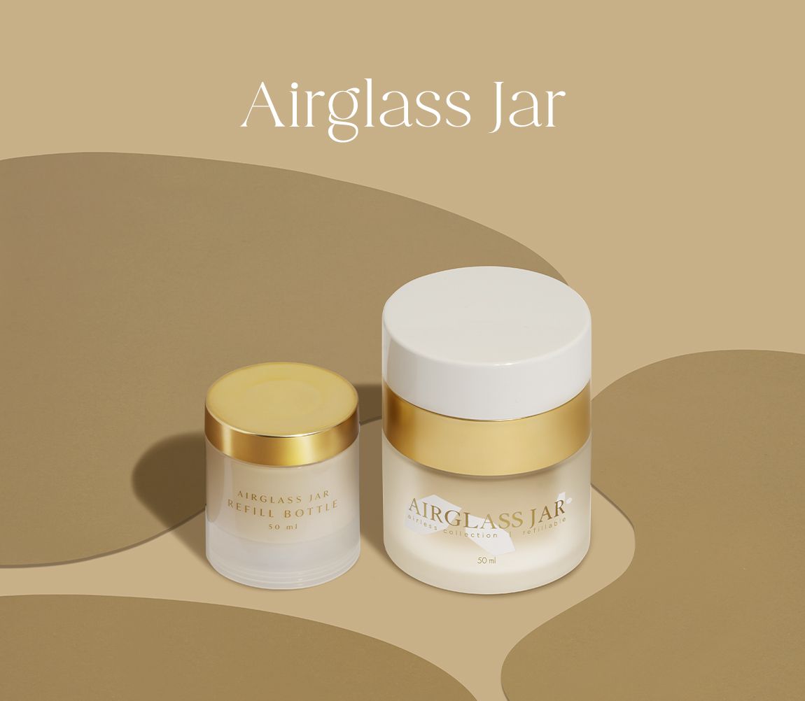 Airglass Jar packaging in neutral tones with gold accents, featuring a 50 ml glass jar and refill jar for premium skincare.”