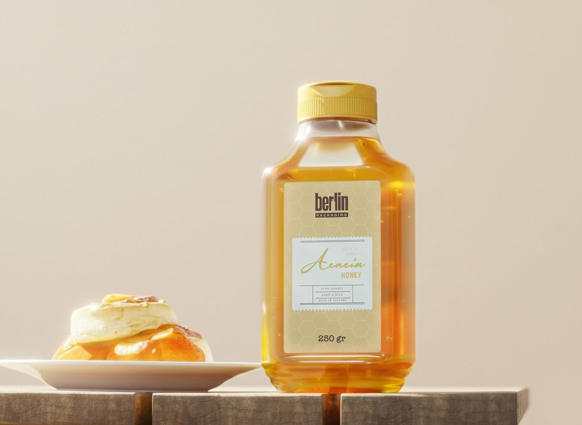 A jar of Armenian honey labeled "berlin packages" sits beside a plate with a pastry on a wooden surface.