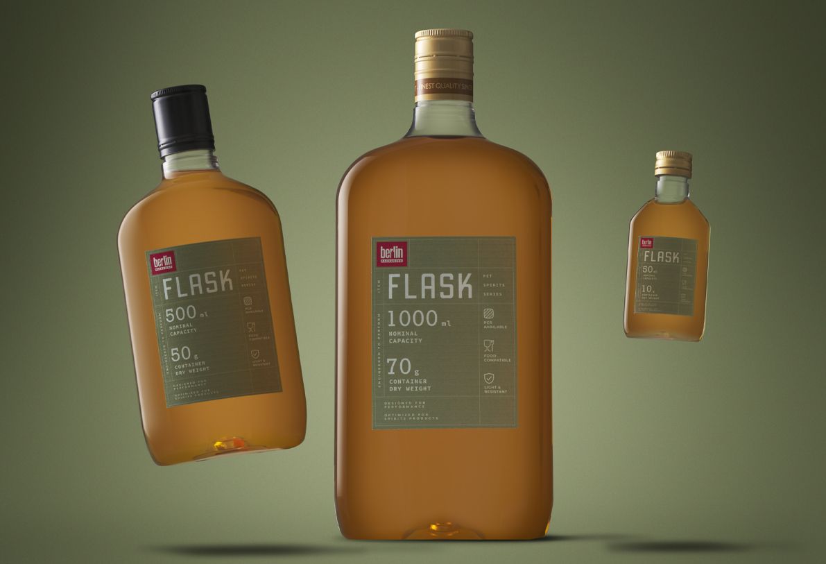 Plain Text Flask PET bottle by Berlin Packaging from the Spirits PET Collection, showcasing a compact flask-inspired design, lightweight PET construction and multiple size options for portable distilled spirits packaging.