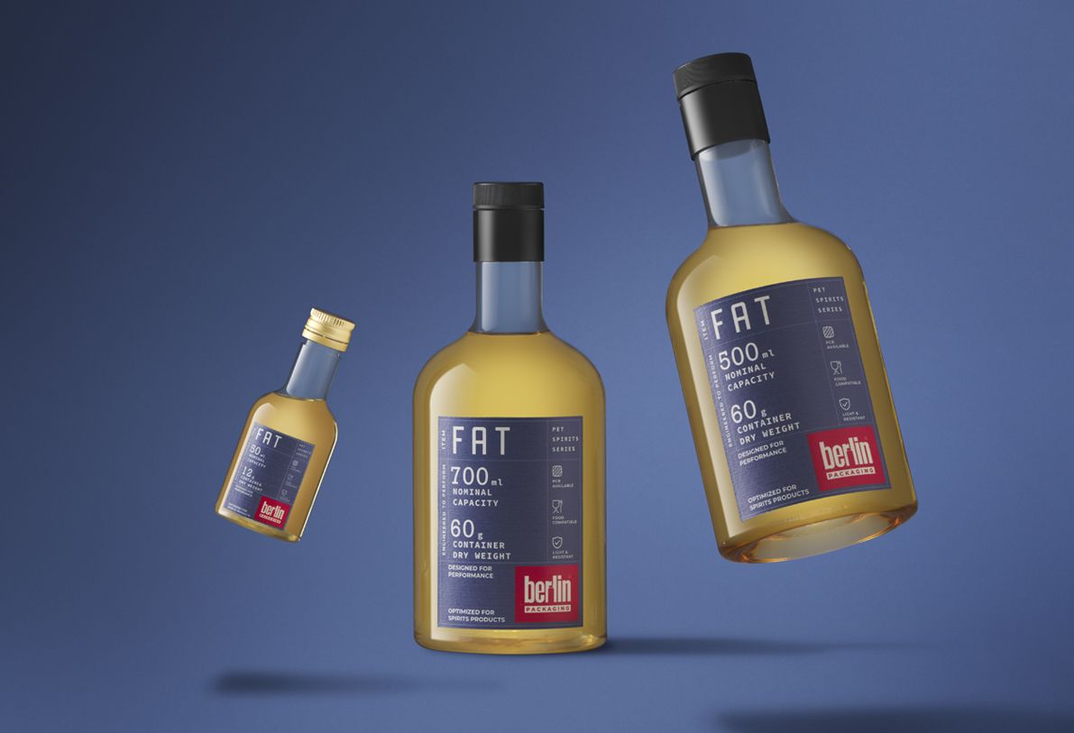 FAT PET bottles from the Spirits PET Collection by Berlin Packaging, featuring a rounded silhouette in multiple sizes, designed as lightweight and recyclable packaging solutions for distilled spirits brands.