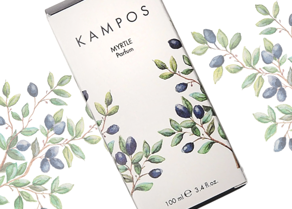 "Kampos Myrtle Parfum packaging with botanical illustration of myrtle berries, 100 ml perfume box design."