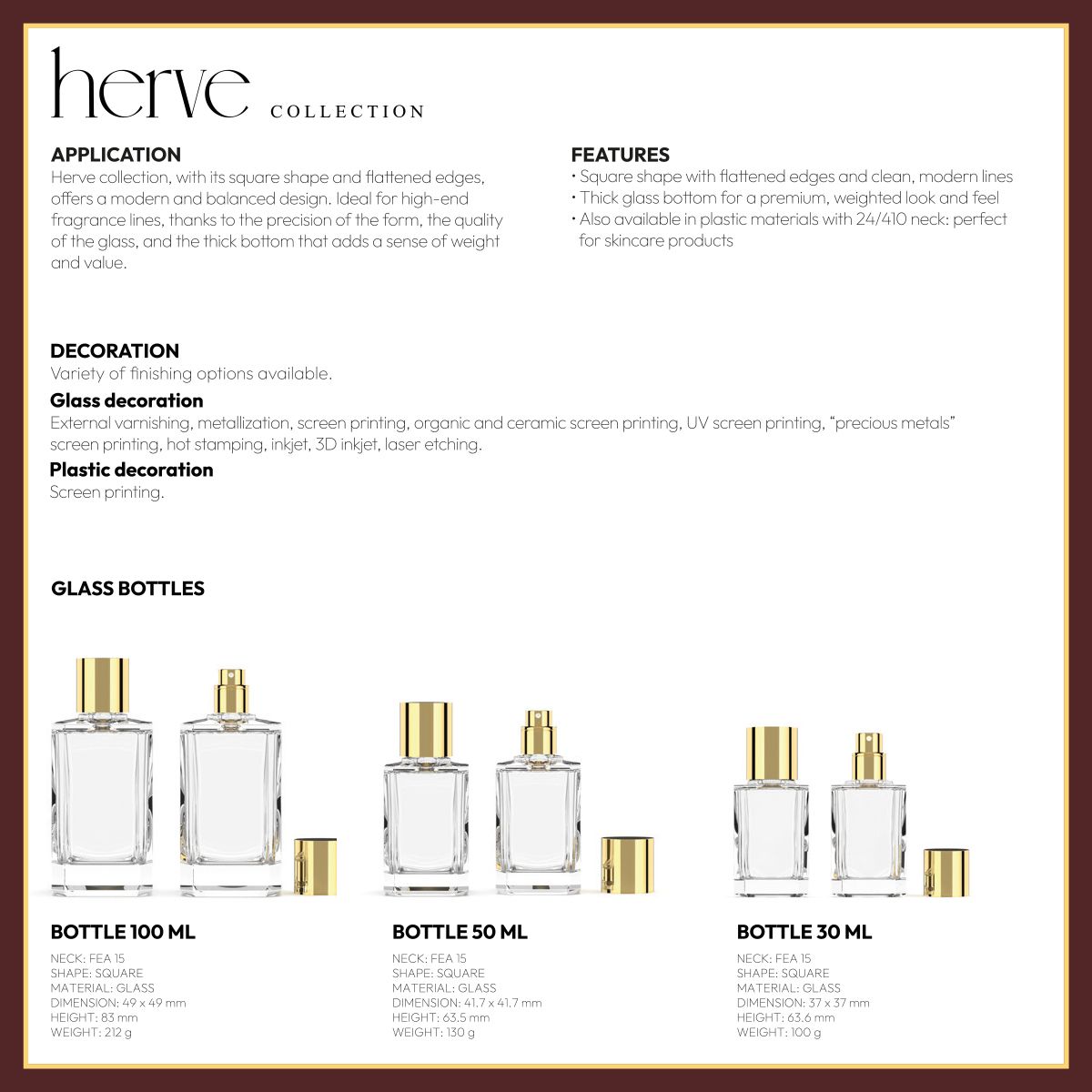 Technical presentation of Herve Collection glass bottles by Berlin Packaging, designed for premium fragrance lines. The image shows three square-shaped glass bottles with flattened edges and gold caps in sizes 100 ml, 50 ml, and 30 ml. Includes specifications such as neck type, dimensions, height, and weight, plus decoration options.